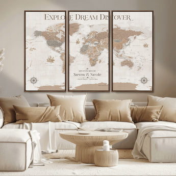 63516865-MGV-CV-36X24-Explore Dream Discover World Map Wall Art – Inspirational Travel Adventure Canvas Print, Neutral Parchment Style Explorer Decor
