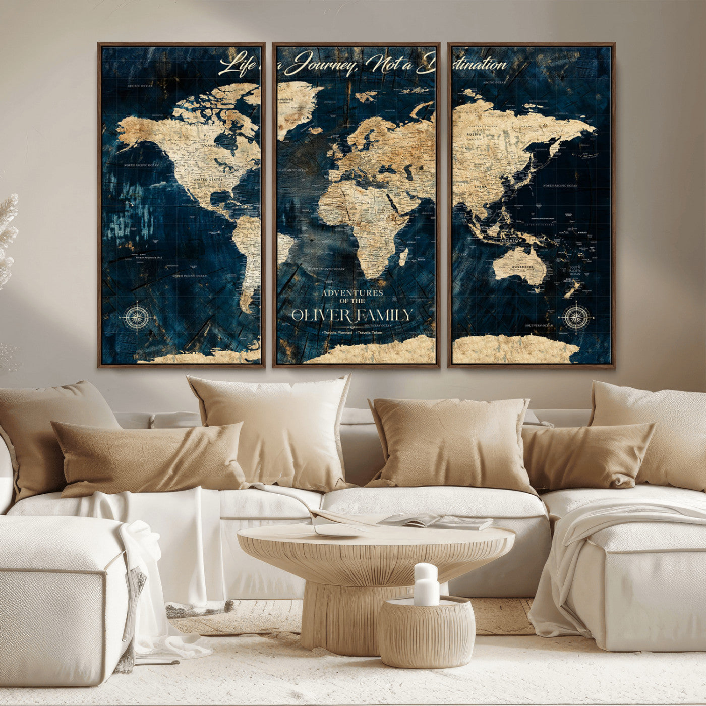 36970886-MGV-FC-48X32-3P_Walnut-Life is a Journey Not a Destination World Map Rustic Navy Beige Vintage Travel Wall Art Adventure Quote Canvas Print for Home