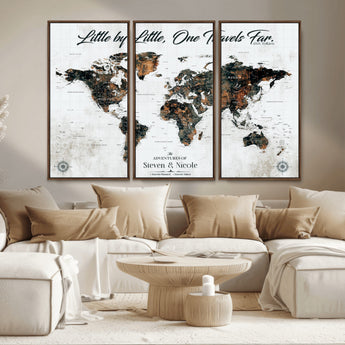 88337180-MGV-CV-36X24-Little by Little One Travels Far Tolkien Quote World Map Rustic Black Brown Adventure Wall Art Canvas Print for Home Office Living