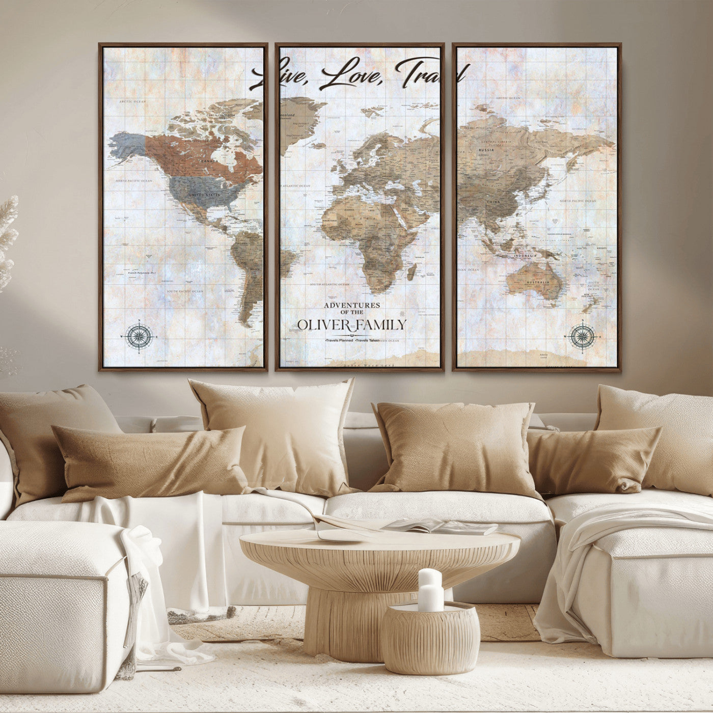 43924907-MGV-CV-36X24-Live Love Travel Wall Art – Neutral World Map Canvas Print, Rustic Adventure Decor for Home, Office or Living Room, Unique Gift