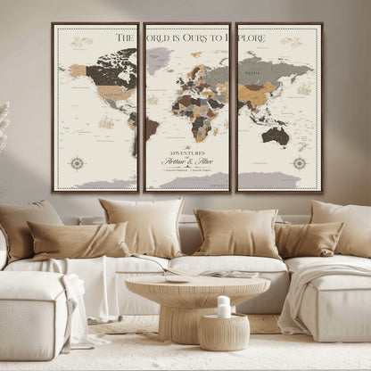 90024882-MGV-CV-36X24-The World is Ours to Explore Wall Art – Earth Tone World Map Canvas Print, Adventure Travel Decor for Living Room, Office or