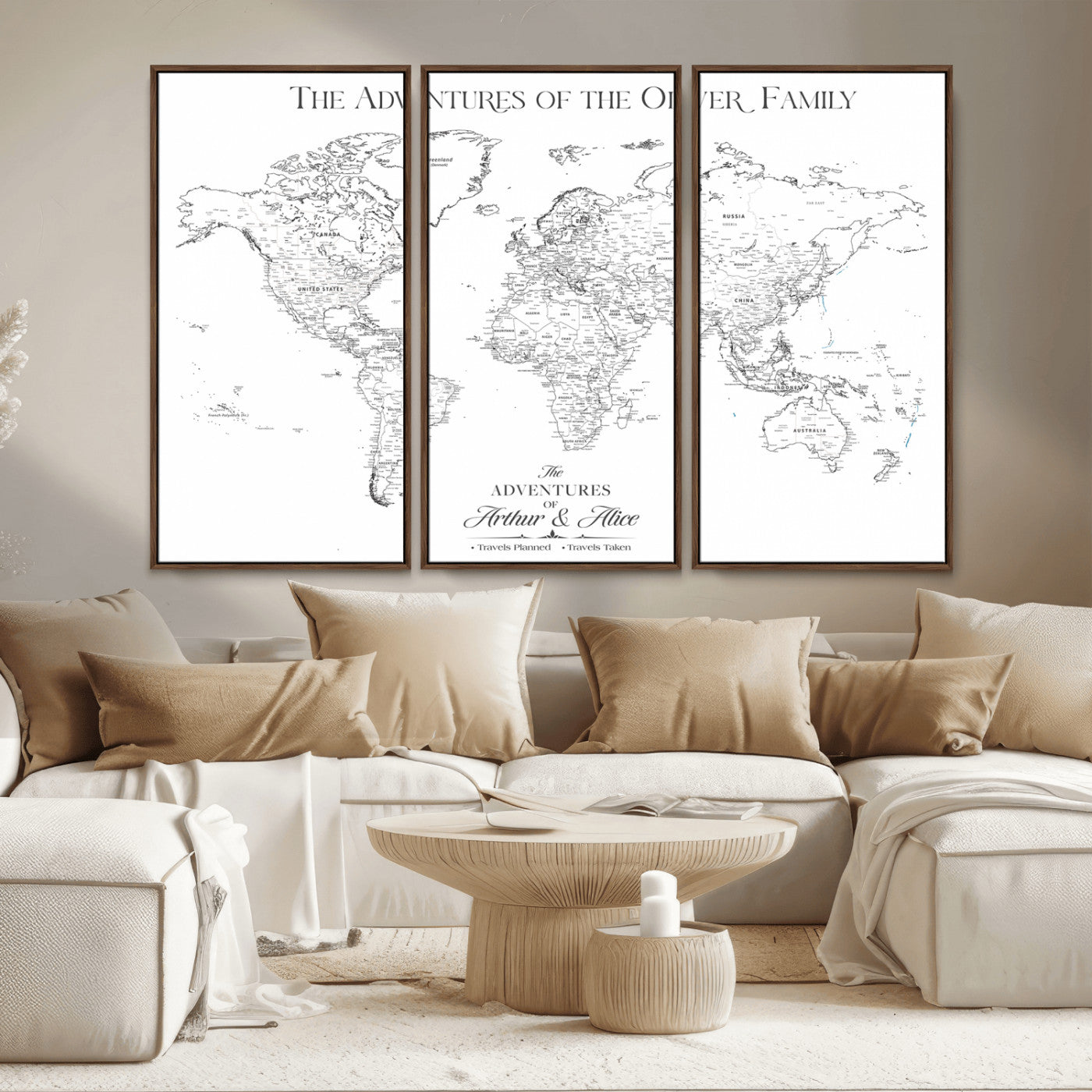 21029247-MGV-FC-48X32-3P_Walnut-Minimalist World Map Wall Art – Black and White Travel Adventure Print, Modern Family Travel Map Decor for Living Room, Bedroom,