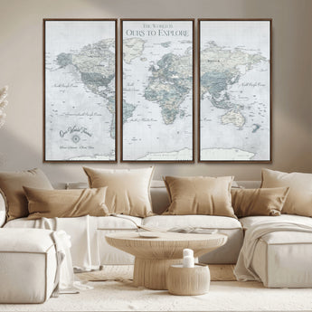 94249974-MGV-FC-48X32-3P_Walnut-Ours Explore World Map Wall Art – Modern Travel Canvas Print, Neutral Adventure Decor for Living Room, Office, Study, Bedroom,