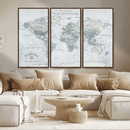 94249974-MGV-FC-48X32-3P_Walnut-Ours Explore World Map Wall Art – Modern Travel Canvas Print, Neutral Adventure Decor for Living Room, Office, Study, Bedroom,