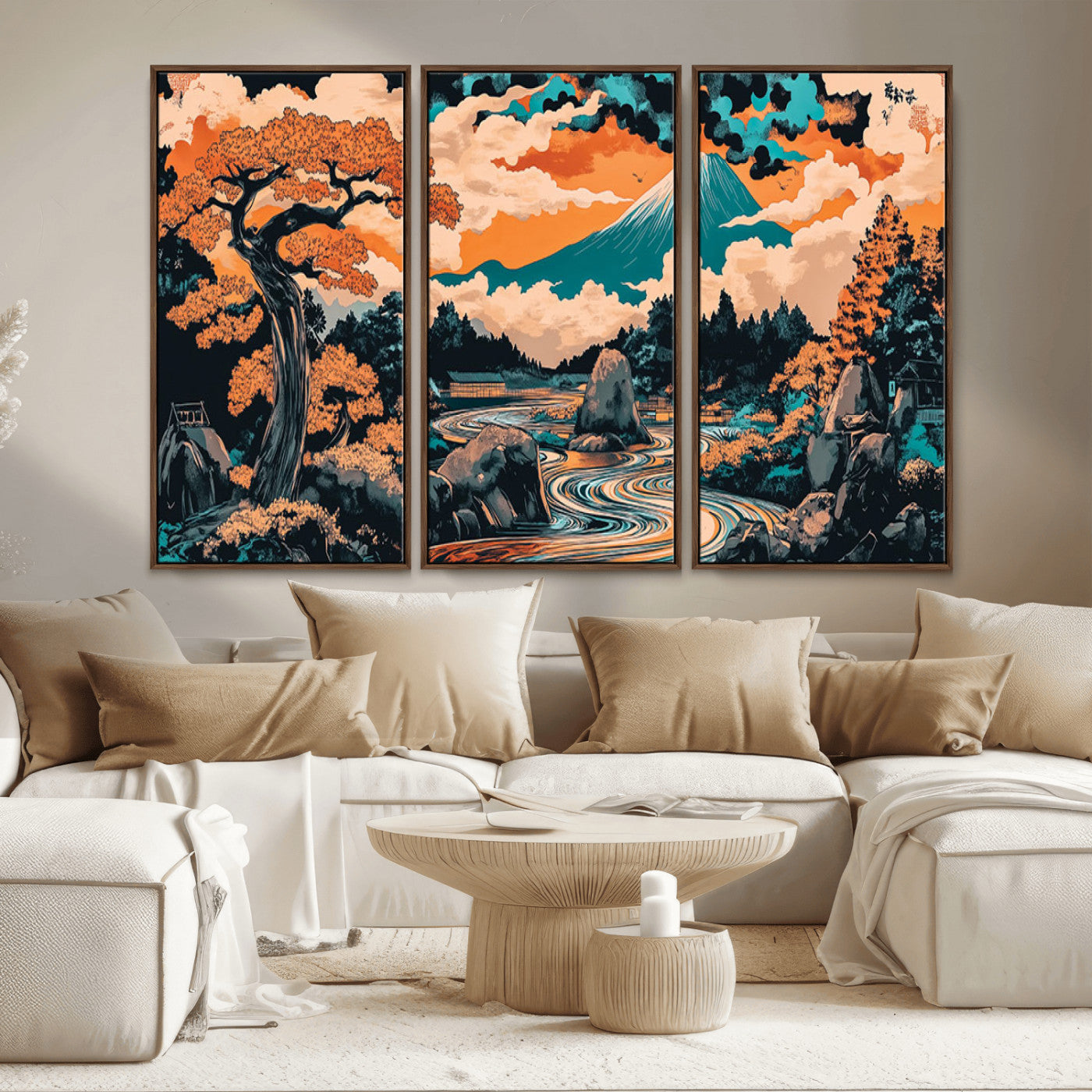 21638941-MGV-CV-36X24-Japanese Landscape Wall Art – Mount Fuji and Flowing River Ukiyo-e Style Canvas Print, Traditional Japan Inspired Artwork for