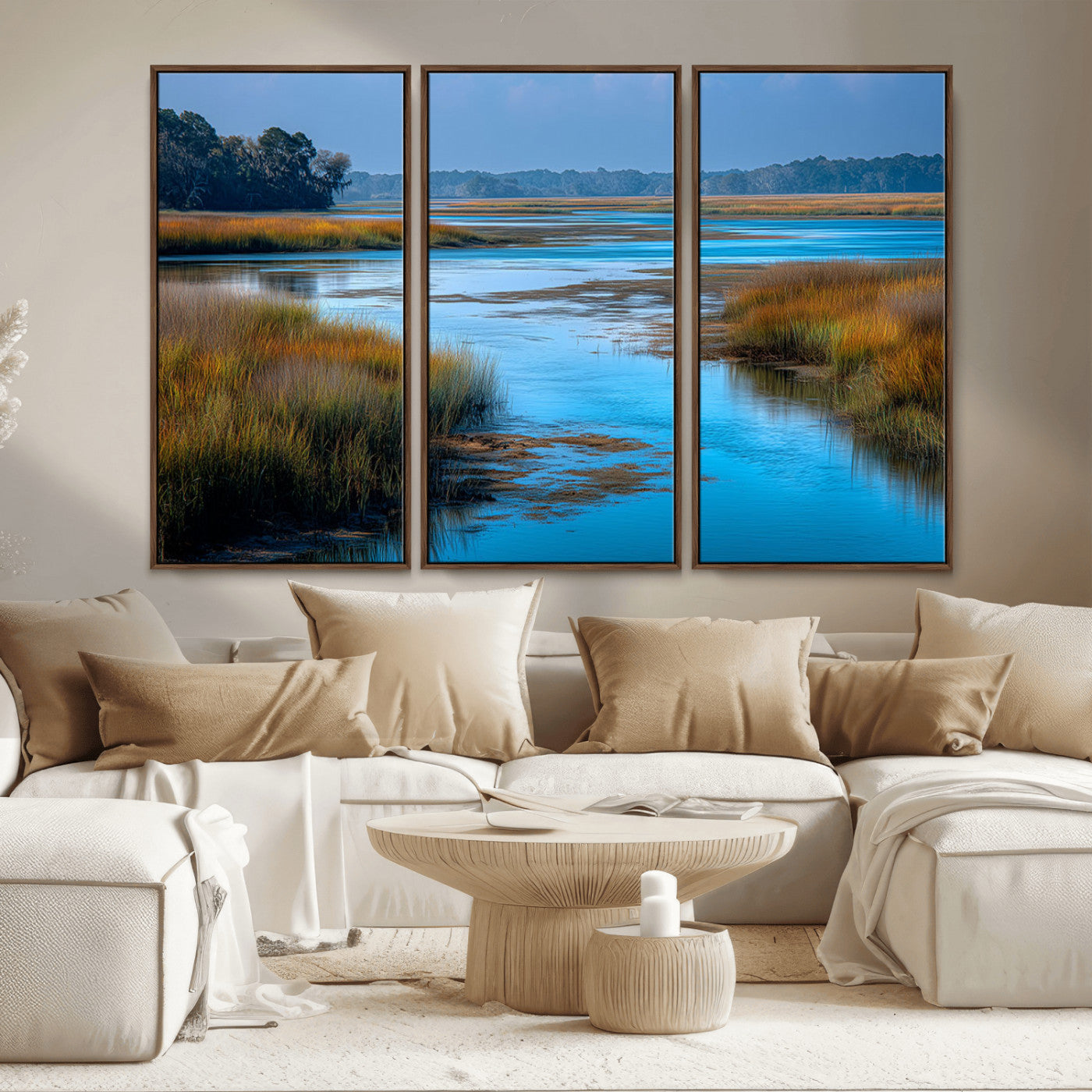 26300004-MGV-CV-36X24-Tranquil Marshland Canvas Wall Art – Blue Water, Reflective Sky, Golden Grasses, Calm Nature Landscape, Scenic Outdoor Beauty for