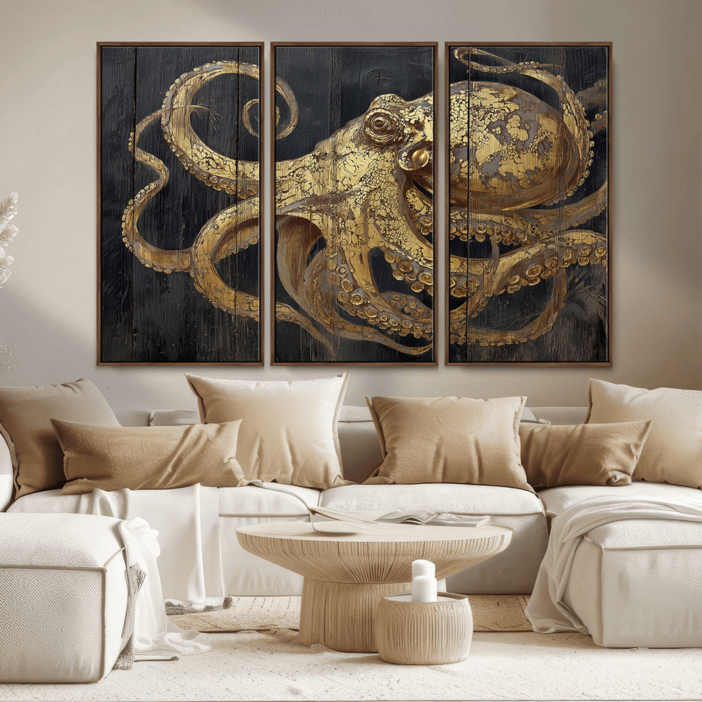 47056538-MGV-CV-36X24-Octopus Canvas Wall Art – Gold Detail, Wooden Texture, Marine Life, Ocean Creature Tentacles, Nautical Coastal Rustic Decor for