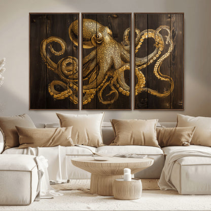 56769669-MGV-CV-36X24-Octopus Wall Art – Gold Nautical Canvas Print with Rustic Wood Panel Design, Detailed Marine Artwork for Coastal Ocean Decoration