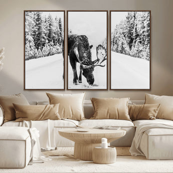 38956835-MGV-CV-36X24-Moose Wall Art – Black and White Wildlife Canvas Print with Snowy Forest Road, Rustic Nature Photography for Cabin, Lodge, Living