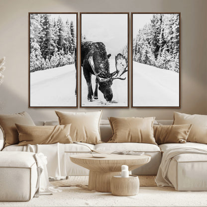 38956835-MGV-CV-36X24-Moose Wall Art – Black and White Wildlife Canvas Print with Snowy Forest Road, Rustic Nature Photography for Cabin, Lodge, Living