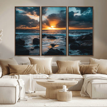 66040852-MGV-CV-36X24-Ocean Sunset Canvas Wall Art – Rocky Shore Waves, Dramatic Clouds, Golden Sun Rays, Coastal Nature, Serene Water Reflection for