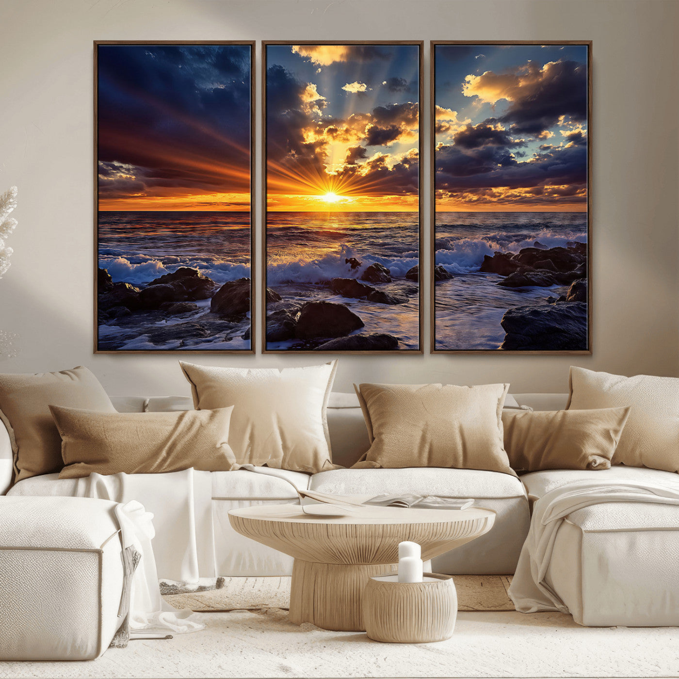 35900590-MGV-CV-36X24-Ocean Sunset Wall Art – Vivid Seascape Canvas Print with Sunburst Sky, Crashing Waves and Rocky Shore, Dramatic Coastal