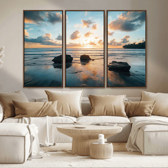 23879436-MGV-CV-36X24-Ocean Sunset Wall Art – Serene Seascape Canvas Print with Golden Sky, Reflections on Sand and Calm Waves, Peaceful Coastal