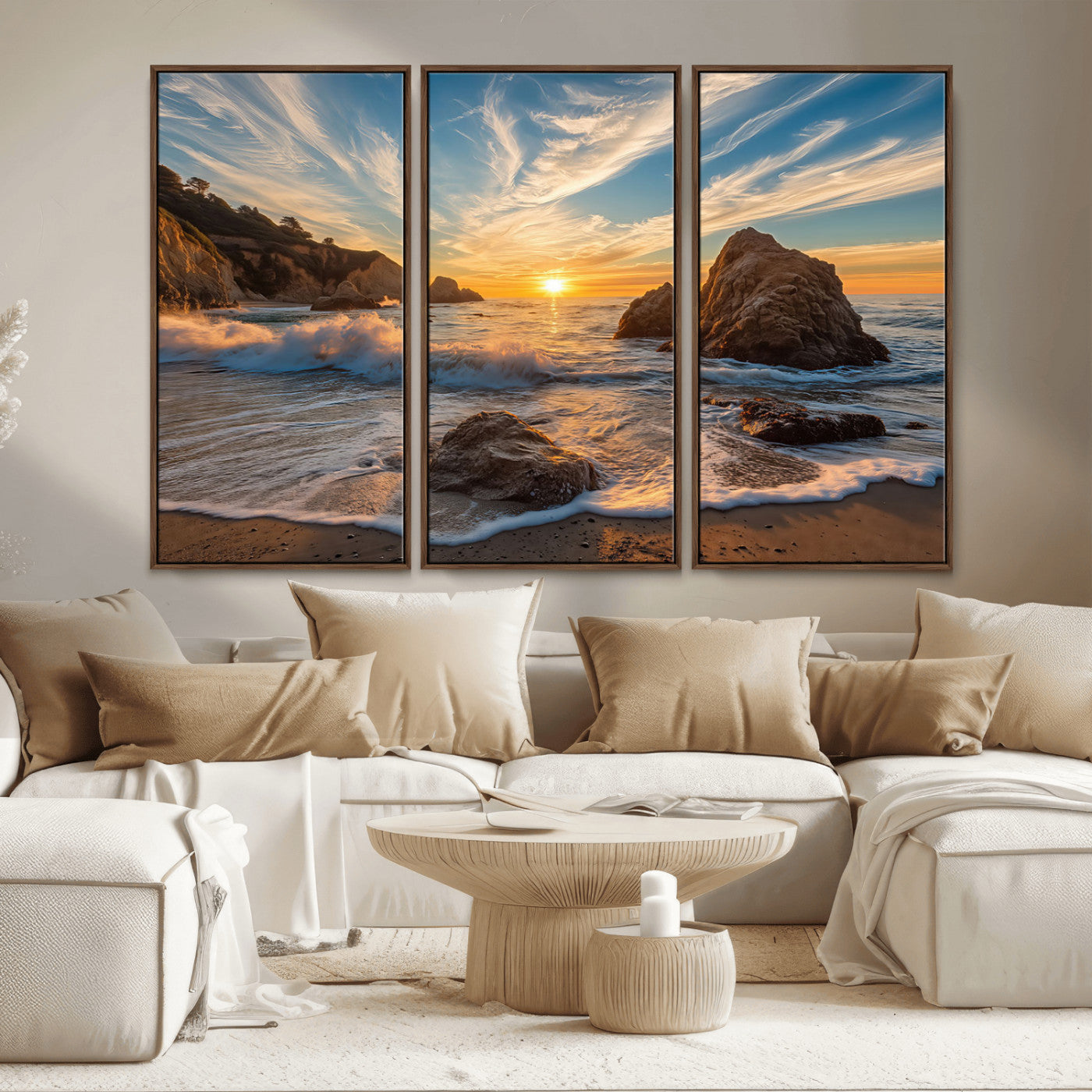 85659923-MGV-CV-36X24-Ocean Sunset Wall Art – Dramatic Seascape Canvas Print with Cliffs, Crashing Waves and Golden Sky, Bold Coastal Photography for