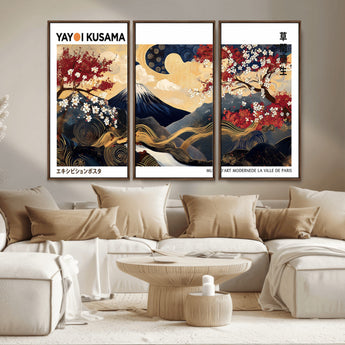 28945903-MGV-CV-36X24-Yayoi Kusama Inspired Japanese Art Canvas Print – Framed Floral & Mt. Fuji Wall Decor, Modern Asian Style Canvas for Home, Office,