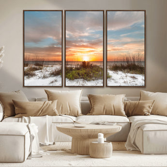 58266230-MGV-CV-36X24-Beach Sunset Wall Art – Coastal Canvas Print with Sandy Dunes, Sea Grass and Golden Sky, Serene Ocean Landscape Photography for