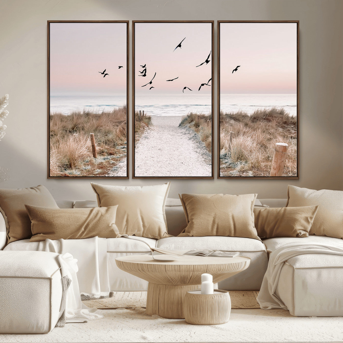 34632598-MGV-CV-36X24-Coastal Pathway Canvas Wall Art – Framed Seaside Landscape, Large Beach and Birds Canvas Print for Home, Office, or Living Room