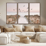 34632598-MGV-CV-36X24-Beach Pathway Wall Art – Coastal Canvas Print with Sandy Trail, Flying Birds and Pastel Sky, Serene Ocean Landscape Photography
