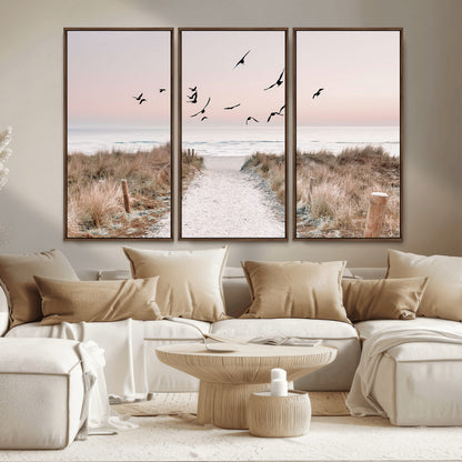 34632598-MGV-CV-36X24-Beach Pathway Wall Art – Coastal Canvas Print with Sandy Trail, Flying Birds and Pastel Sky, Serene Ocean Landscape Photography