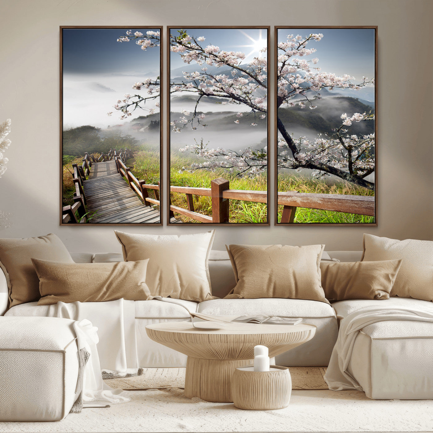34632598CRY-MGV-CV-36X24-Cherry Blossom Wall Art – Scenic Asian Landscape Canvas Print with Wooden Walkway, Misty Mountains and Sunrise, Serene Nature