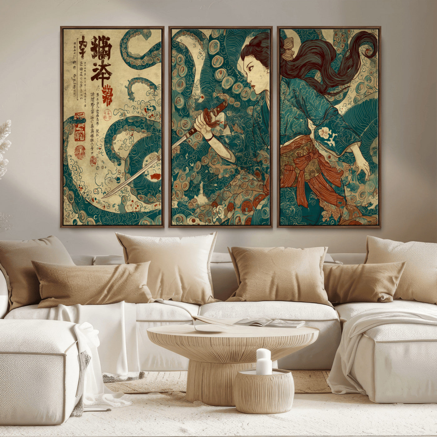 46837670-MGV-CV-36X24-Tsukioka Yoshitoshi Samurai Wall Art Print, Japanese Katana Warrior Canvas Wall Art, Octopus Sea Monster Canvas Print,