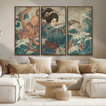 52037775-MGV-CV-36X24-Samurai Woman Wall Art – Japanese Ukiyo e Style Canvas Print with Katana, Ocean Waves and Octopus, Traditional Asian Inspired