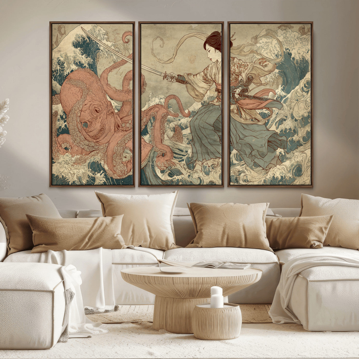 54879547-MGV-CV-36X24-Tsukioka Yoshitoshi Samurai Wall Art Print, Japanese Katana Warrior Canvas Wall Art, Octopus Sea Monster Canvas Print,