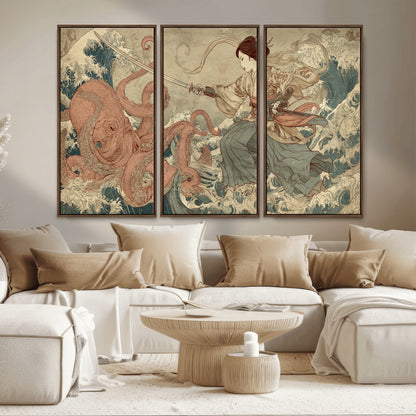 54879547-MGV-CV-36X24-Tsukioka Yoshitoshi Samurai Wall Art Print, Japanese Katana Warrior Canvas Wall Art, Octopus Sea Monster Canvas Print,
