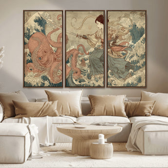 54879547-MGV-CV-36X24-Samurai Woman Wall Art – Japanese Ukiyo-e Style Canvas Print with Katana and Octopus, Traditional Asian Inspired Battle Artwork