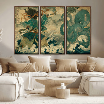 24416422-MGV-CV-36X24-Samurai vs Octopus Wall Art – Japanese Warrior Ocean Battle Canvas Print, Ukiyo e Inspired Decor for Home, Office, or Man Cave