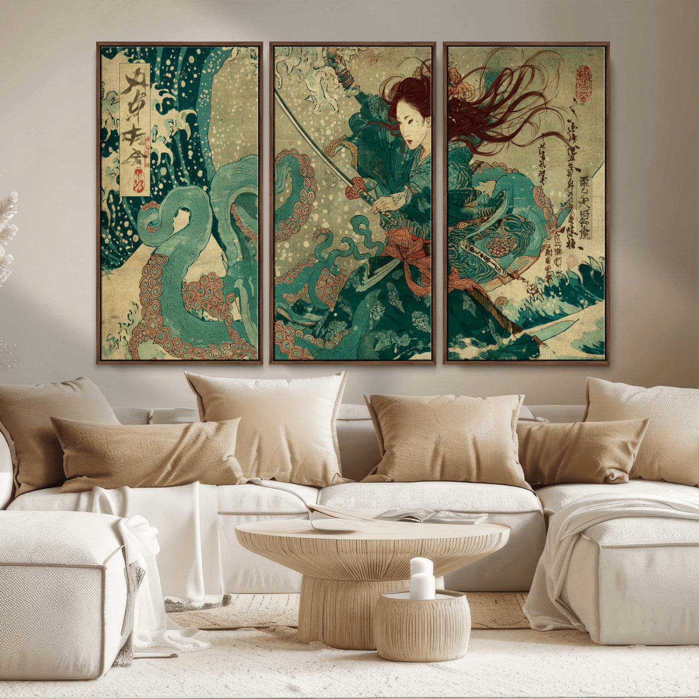 86918027-MGV-CV-36X24-Tsukioka Yoshitoshi Samurai Wall Art Print, Japanese Katana Warrior Canvas Wall Art, Octopus Sea Monster Canvas Print,