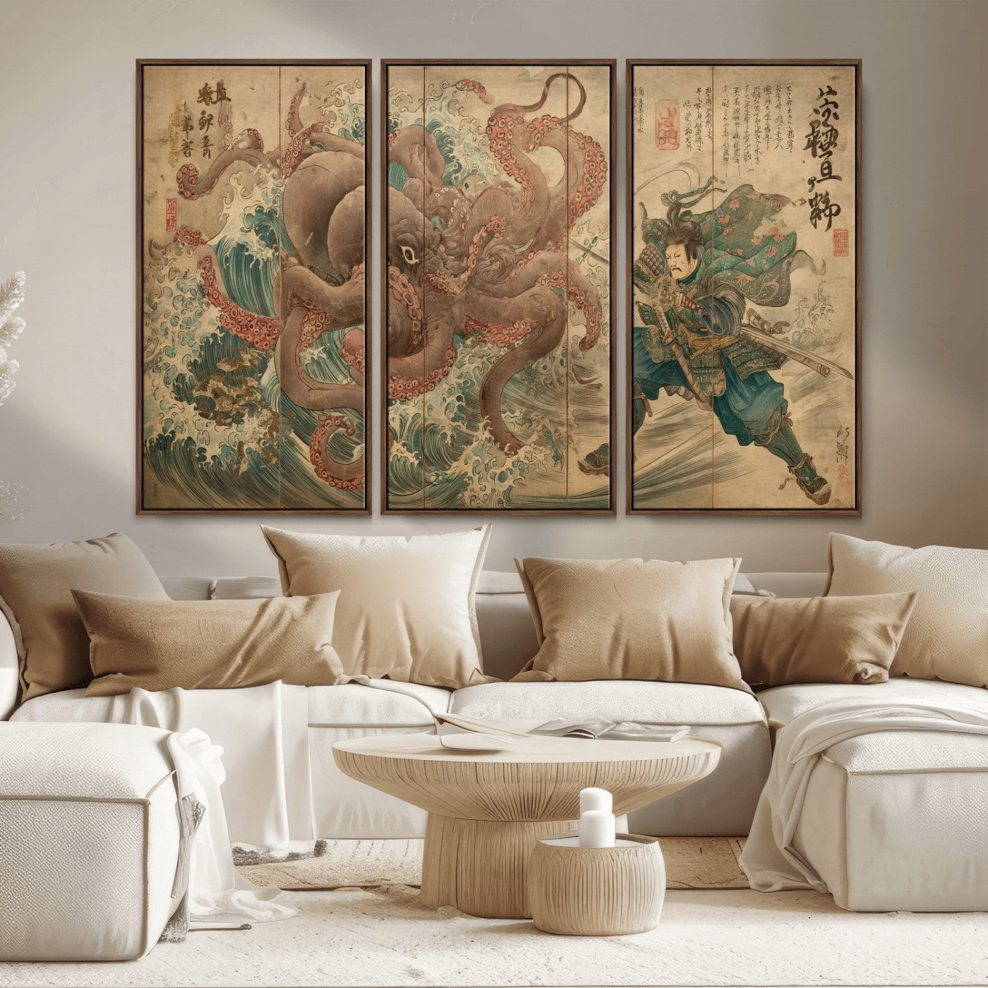 63782167-MGV-CV-36X24-Tsukioka Yoshitoshi Samurai Wall Art Print, Japanese Katana Warrior Canvas Wall Art, Octopus Sea Monster Canvas Print,