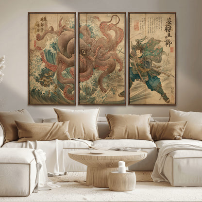 63782167-MGV-CV-36X24-Tsukioka Yoshitoshi Samurai Wall Art Print, Japanese Katana Warrior Canvas Wall Art, Octopus Sea Monster Canvas Print,