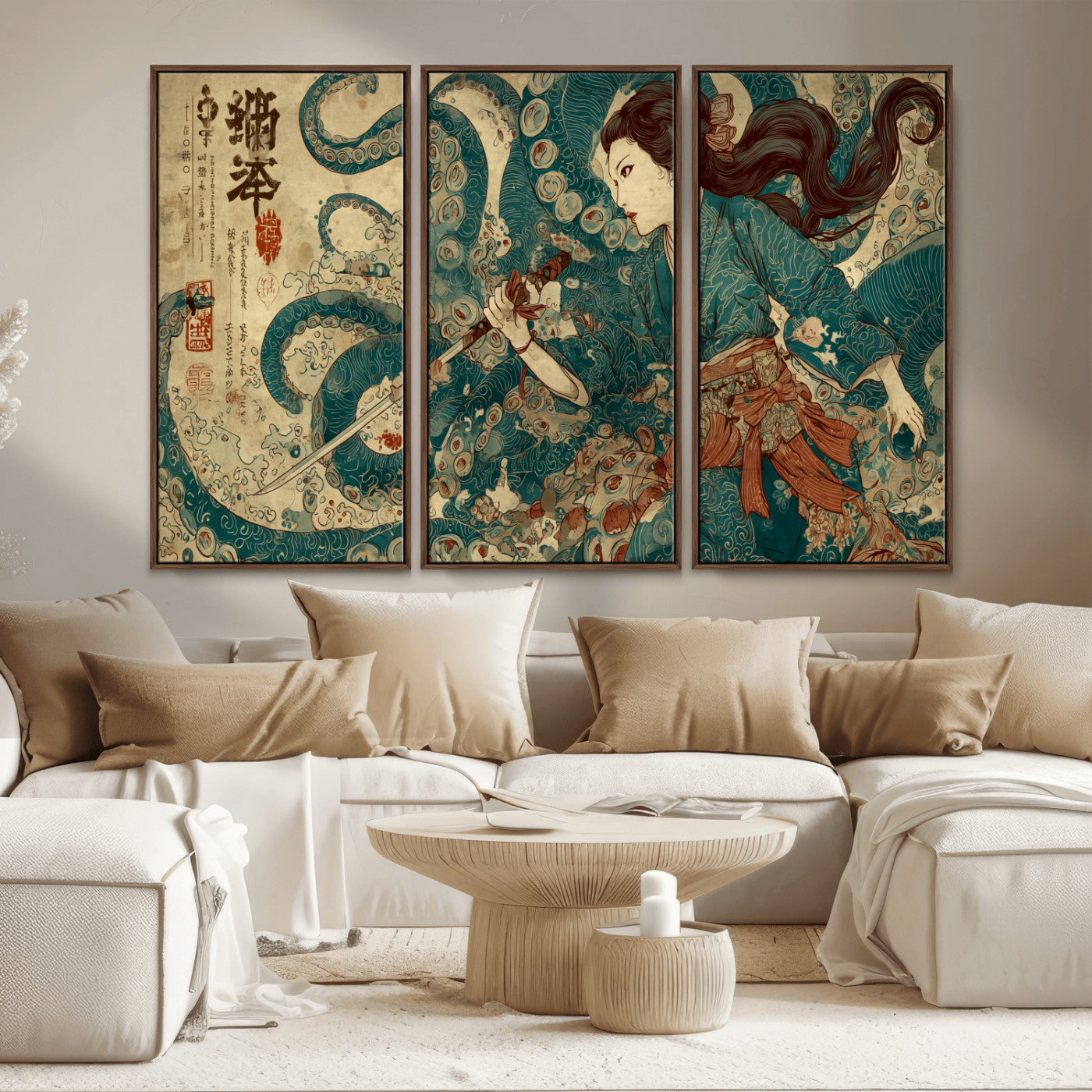 18575670-MGV-CV-36X24-Tsukioka Yoshitoshi Samurai Wall Art Print, Japanese Katana Warrior Canvas Wall Art, Octopus Sea Monster Canvas Print,