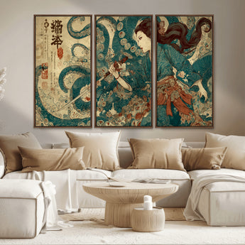 18575670-MGV-CV-36X24-Tsukioka Yoshitoshi Samurai Wall Art Print, Japanese Katana Warrior Canvas Wall Art, Octopus Sea Monster Canvas Print,