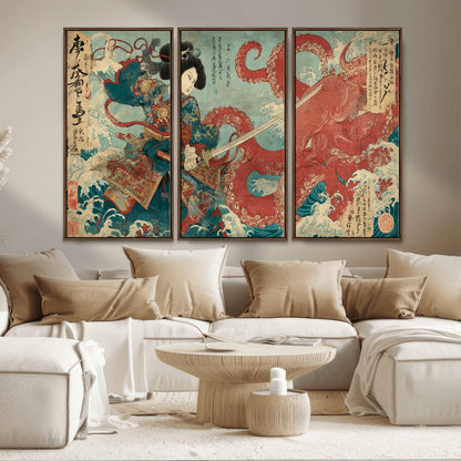 68844327-MGV-CV-36X24-Tsukioka Yoshitoshi Samurai Wall Art Print, Japanese Katana Warrior Canvas Wall Art, Octopus Sea Monster Canvas Print,