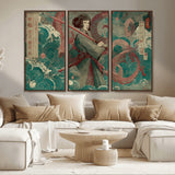 91666601-MGV-CV-36X24-Samurai Woman vs Octopus Wall Art – Japanese Ukiyo-e Green Robe Canvas Print, Ocean Battle Artwork for Living Room, Office, Man