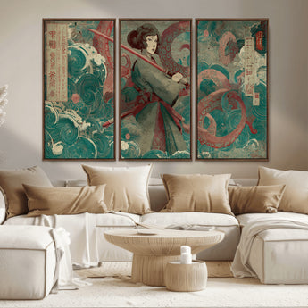 91666601-MGV-CV-36X24-Samurai Woman vs Octopus Wall Art – Japanese Ukiyo-e Green Robe Canvas Print, Ocean Battle Artwork for Living Room, Office, Man