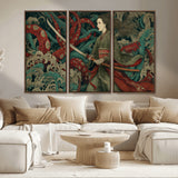 18902796-MGV-CV-36X24-Samurai Woman vs Octopus Wall Art – Japanese Ukiyo-e Green Kimono Canvas Print, Ocean Battle Scene Artwork for Living Room,