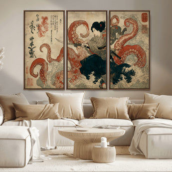 82737246-MGV-CV-36X24-Samurai Woman vs Octopus Wall Art – Japanese Ukiyo-e Dual Sword Canvas Print, Red Tentacle Ocean Battle Artwork for Living Room,