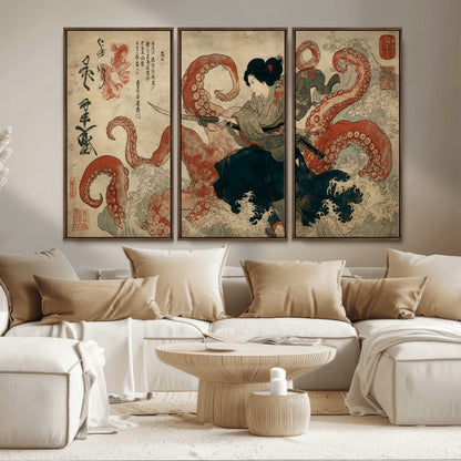 82737246-MGV-CV-36X24-Samurai Woman vs Octopus Wall Art – Japanese Ukiyo-e Dual Sword Canvas Print, Red Tentacle Ocean Battle Artwork for Living Room,