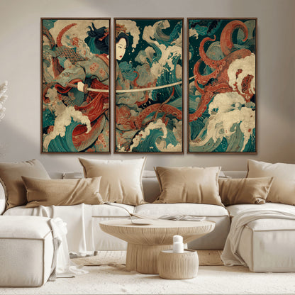 30212982-MGV-CV-36X24-Samurai Woman vs Octopus Wall Art – Japanese Ukiyo-e Style Warrior and Sea Monster Canvas Print, Mythology Inspired Artwork for