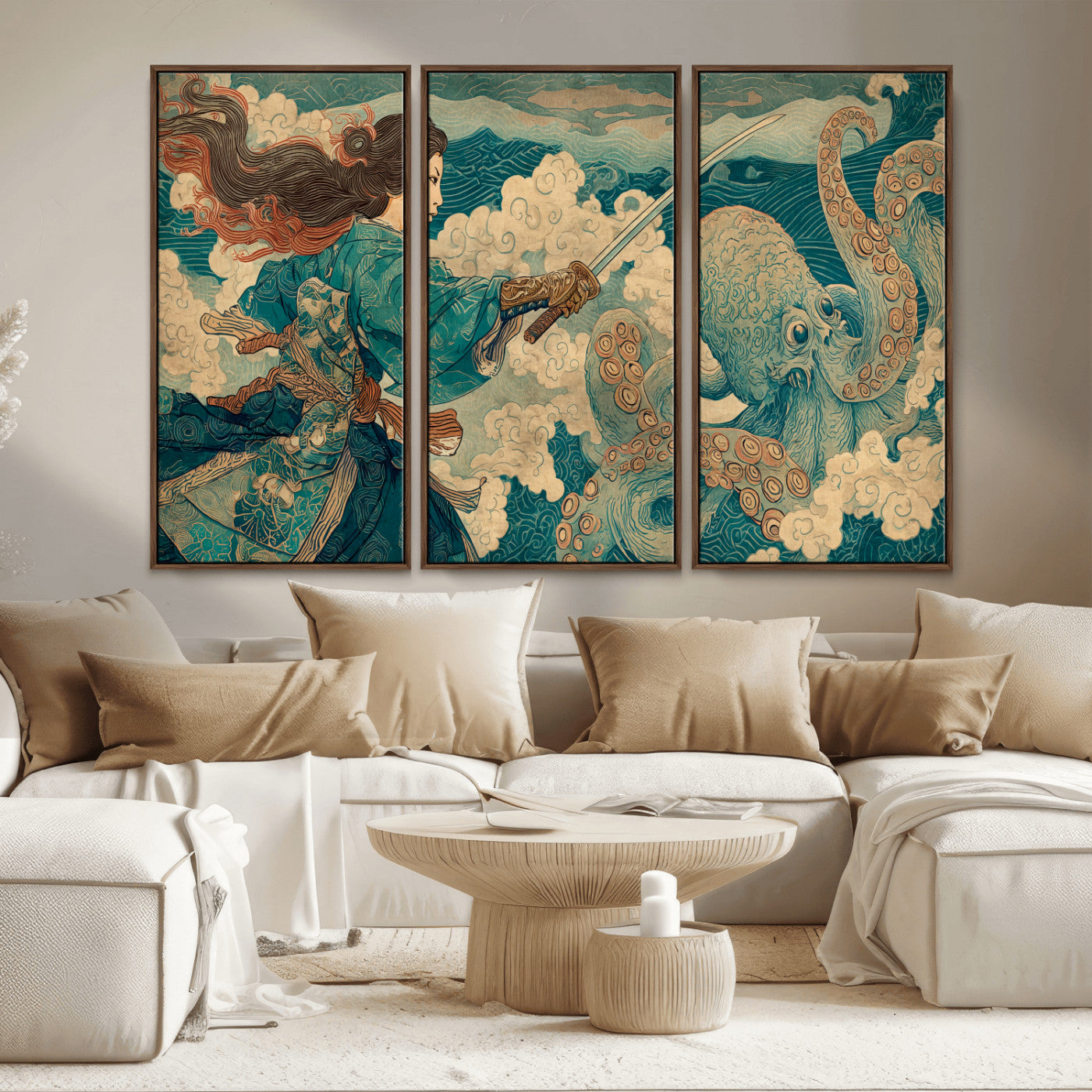 99764195-MGV-CV-36X24-Samurai vs Octopus Wall Art – Japanese Ukiyo-e Style Warrior and Sea Monster Canvas Print, Mythology Inspired Artwork for Living