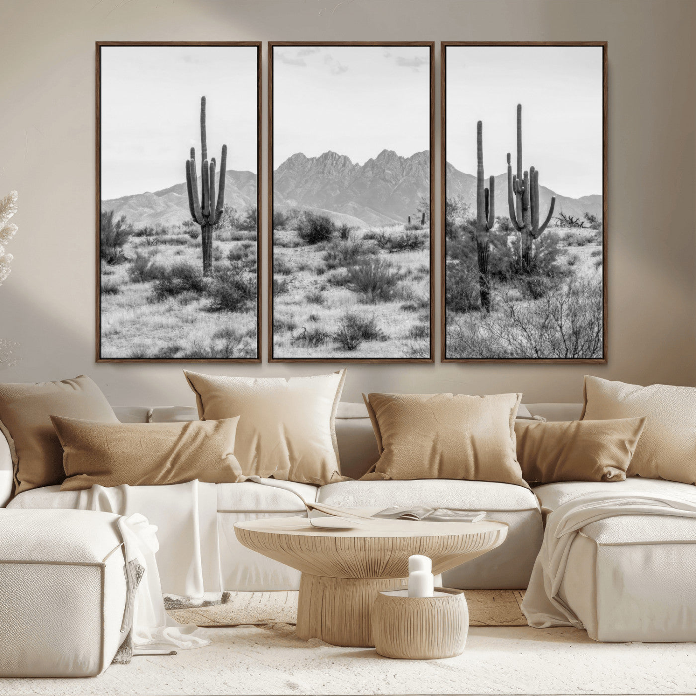 97436PHN-MGV-CV-36X24-Desert Landscape Wall Art – Black and White Cactus and Mountain Canvas Print, Southwestern Nature Photography for Living Room,