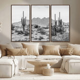 97436PHN-MGV-CV-36X24-Desert Landscape Wall Art – Black and White Cactus and Mountain Canvas Print, Southwestern Nature Photography for Living Room,