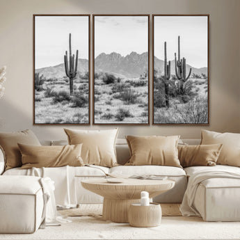 97436PHN-MGV-CV-36X24-Desert Landscape Wall Art – Black and White Cactus and Mountain Canvas Print, Southwestern Nature Photography for Living Room,