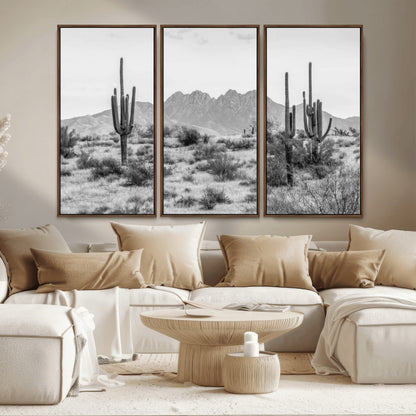 97436PHN-MGV-CV-36X24-Desert Landscape Wall Art – Black and White Cactus and Mountain Canvas Print, Southwestern Nature Photography for Living Room,