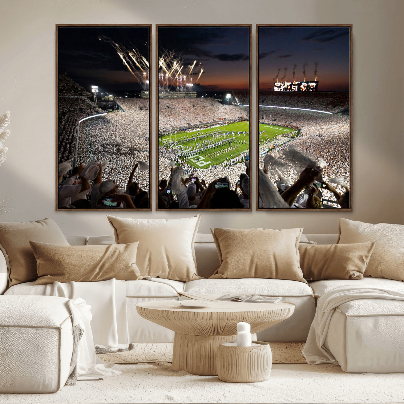 Penn-MGV-CV-36X24-Football Stadium Wall Art – Panoramic Night Game Canvas Print, Packed Crowd with Fireworks, Sports Decor for Office, Man Cave, Bar