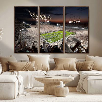 Penn-MGV-CV-36X24-Football Stadium Wall Art – Panoramic Night Game Canvas Print, Packed Crowd with Fireworks, Sports Decor for Office, Man Cave, Bar