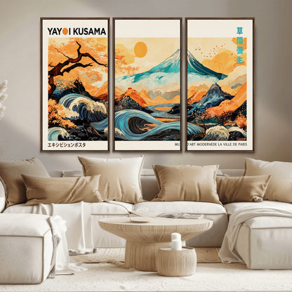 94085549-MGV-CV-36X24-Yayoi Kusama Inspired Japanese Landscape Art Print – Vibrant Mount Fuji, Waves & Autumn Trees, Modern Decorative Poster for
